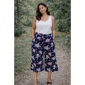 LOFT Floral Pink Blue Wide Leg Crop Lightweight Pants Women's 10 (I315)